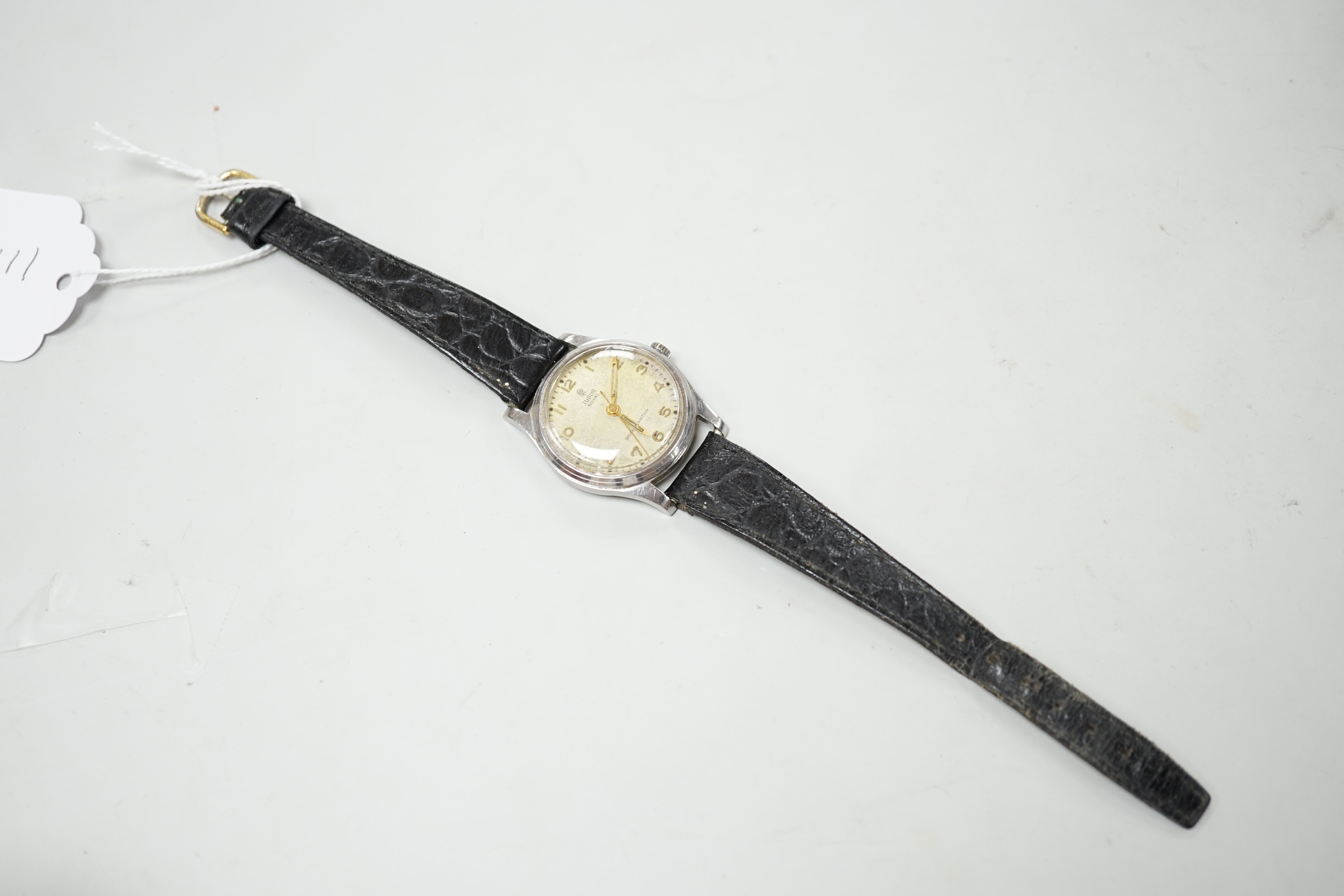 A gentleman's stainless steel Tudor Royal manual wind wrist watch, on associated leather strap, case diameter 31mm, with Tudor box